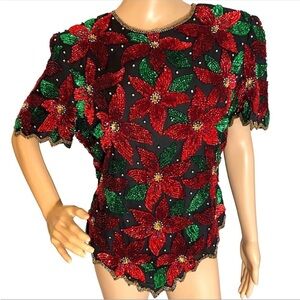 Laurence Kazar Paris New York red green poinsettia sequin blouse top medium m